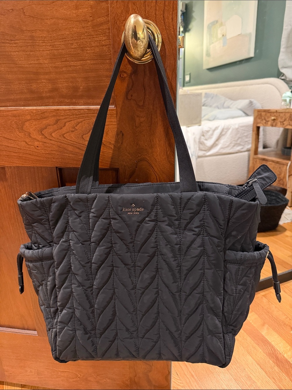 kate spade Black Quilted Nylon Tote with Side Pockets baby diaper bag NWOT